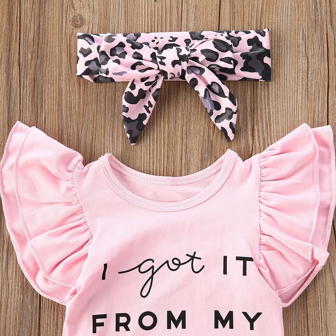 Kid Toddler Baby Girls Flying Sleeve Letter Print Romper+Leopard Shorts+Bowknot Headband 3-piece Set