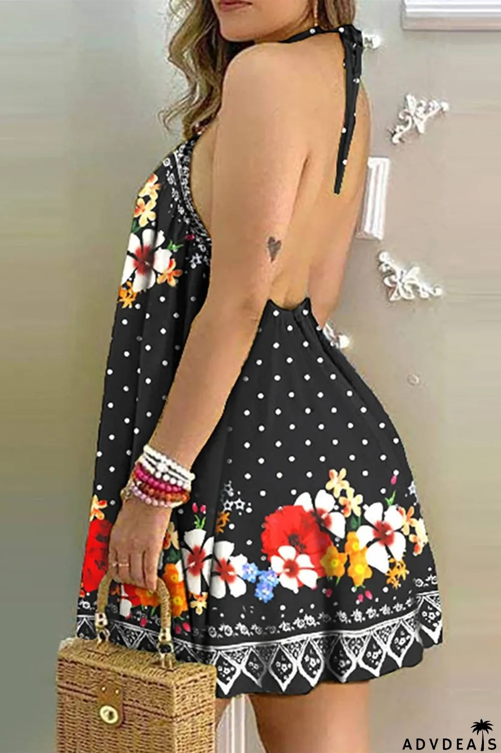 Black Fashion Casual Print Bandage Backless Halter Sleeveless Dress