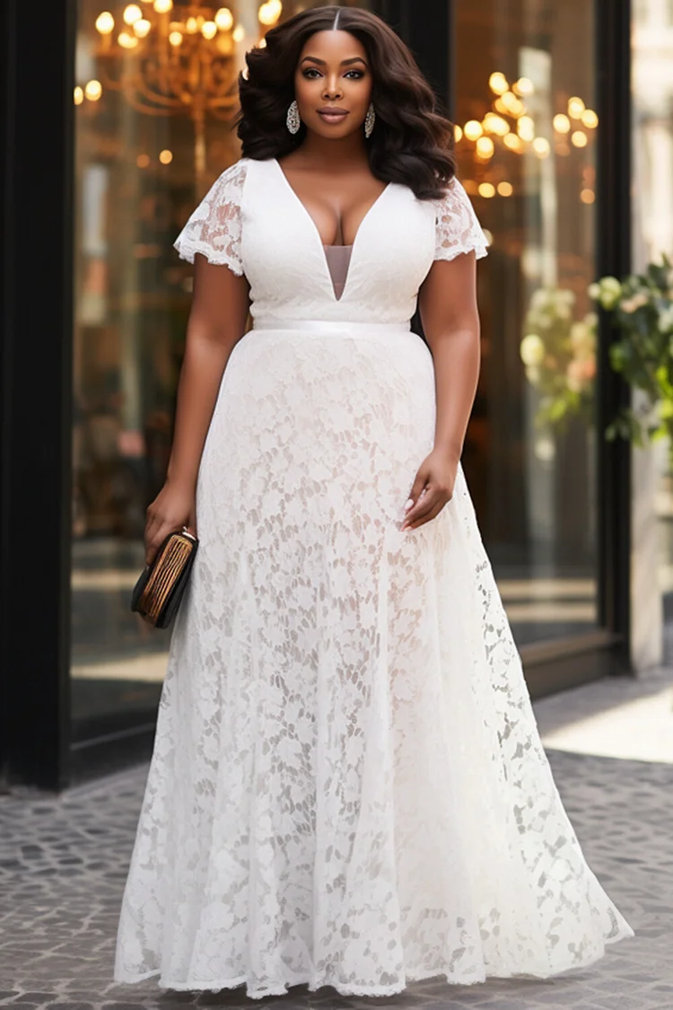 Xpluswear Design Plus Size Wedding White Elegant V Neck Short Sleeve Lace Maxi Dresses [Pre-Order] 2024 - Xpluswear