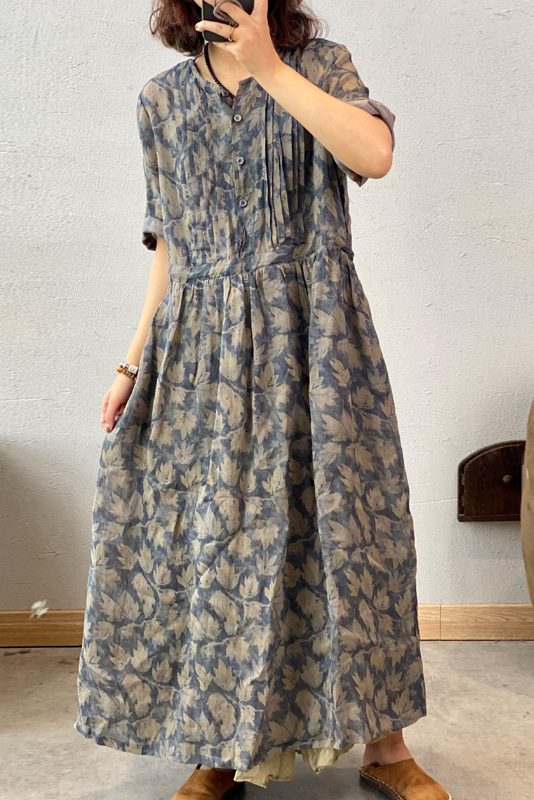 Summer Vintage Print Dress Ramie Floral Maxi Dress
