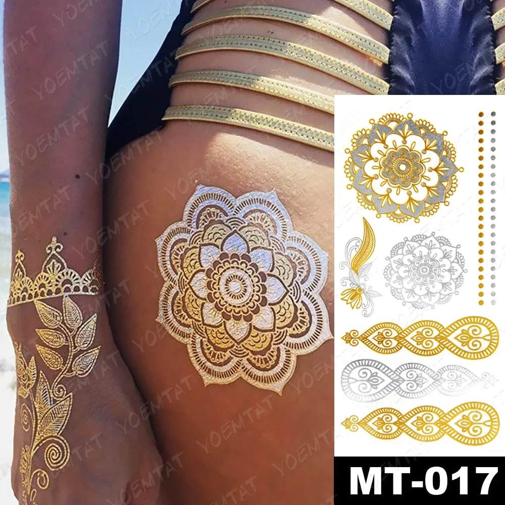 Waterproof Temporary Tattoo Sticker Gold Silver Henna Indian Hand Painted Glitter Tattoos Women Mandala Flower Feather Body Art