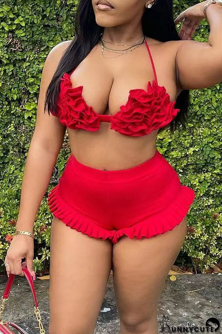 Red Sexy Solid Split Joint Halter Sleeveless Two Pieces