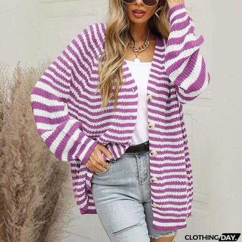 Striped Button Down Long Sleeve Cardigan
