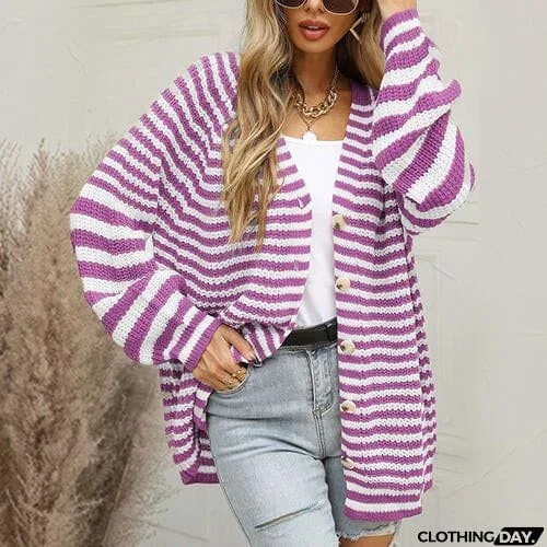 Striped Button Down Long Sleeve Cardigan