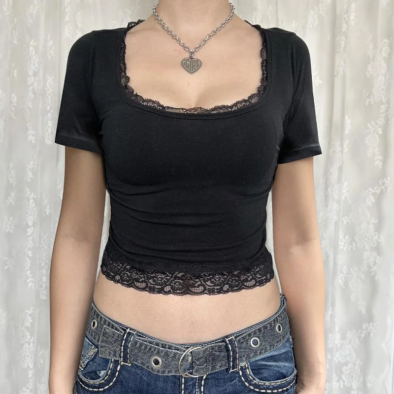 Wongn Wind Lace Splicing Small Design U-Shaped Collar Slim Plain Color Short-Sleeved T-Shirt 2024 New Style