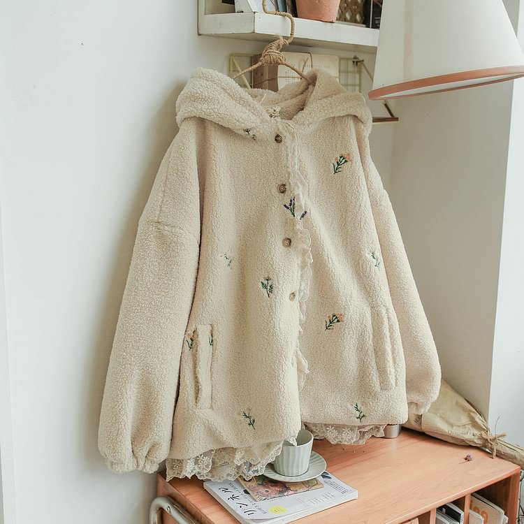 Queenfunky cottagecore style Little Flowers Embroiderdy Fleece Jacket QueenFunky