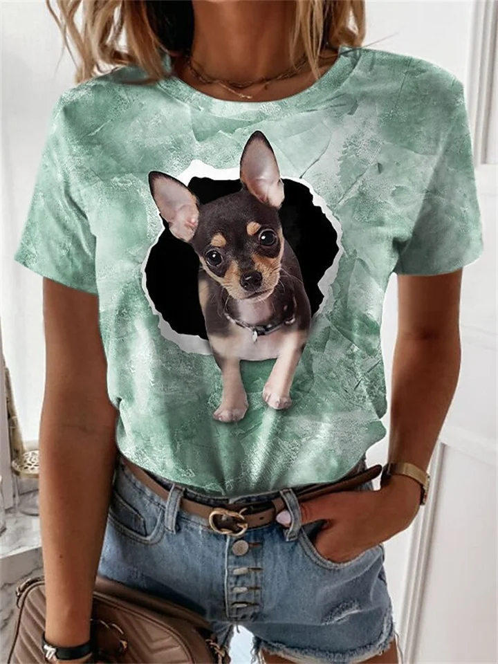 Summer Women's New Round Neck Animal Puppy Pattern 3D Printing Short-sleeved T-shirt-JRSEE