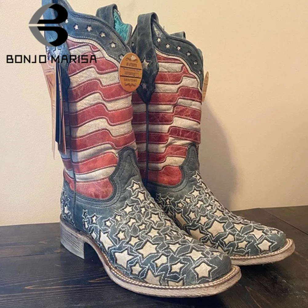 Female Vintage Cowboy Flag Chunky Heel Slip On Western Women Boots Cowgirls Retro Brand Autumn Ridding Boots For Women
