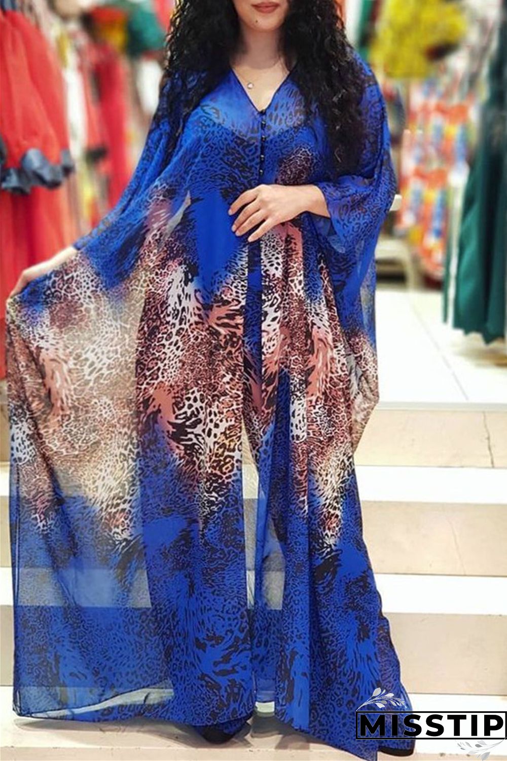 Blue Fashion Casual Print Slit V Neck Long Sleeve Two Pieces