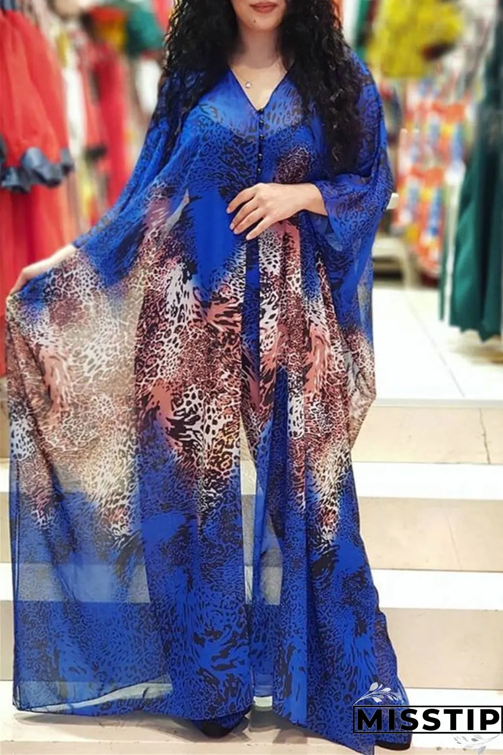 Blue Fashion Casual Print Slit V Neck Long Sleeve Two Pieces