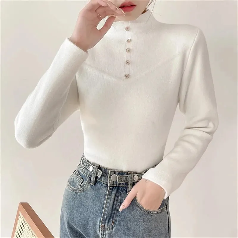 Women's Polyester High-Neck Long Sleeves Solid Pattern Sweater