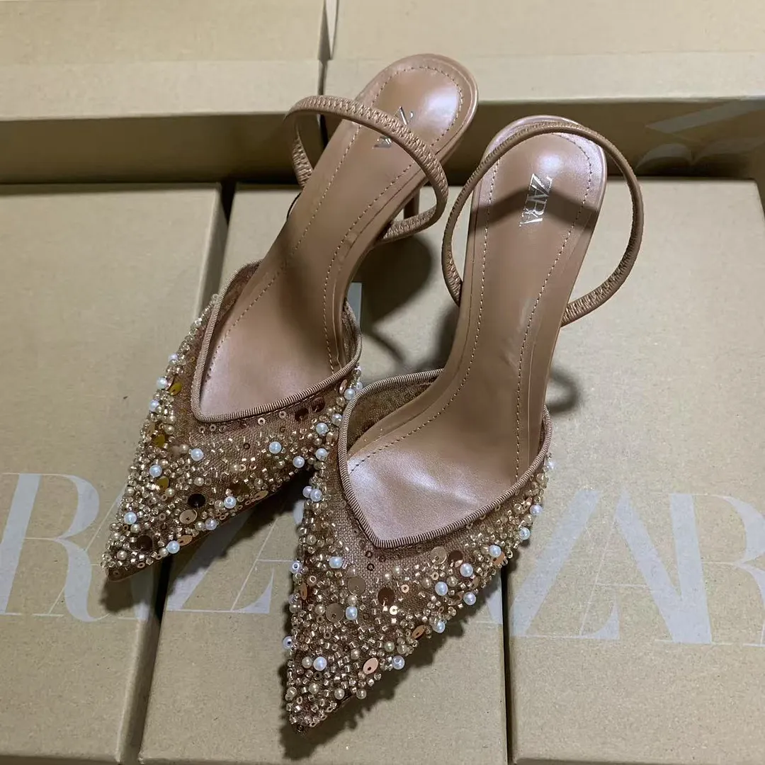 Breakj Breakj Spring New Women's Shoes Apricot Beads And Set Mesh With Sharp Tips High Heels