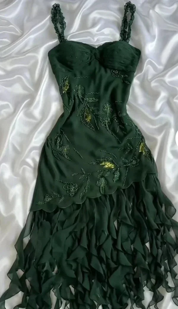 Dark green chiffon short/long ruffled homecoming dress prom dress formal evening dress