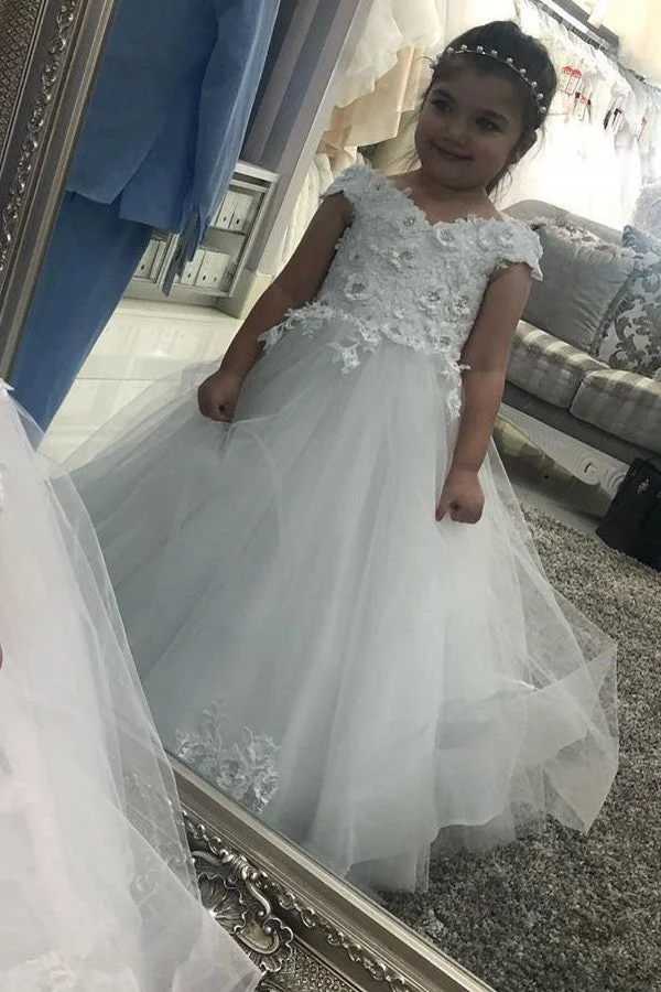 Daisda A-line Off the shoulder Cap sleeves Flower Girl Dresses Tulle Lace with Appliques Pearls