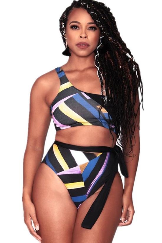 Plus Size Stripe High Waist One Shoulder Bikini Swimsuit - Two Piece Set-elleschic