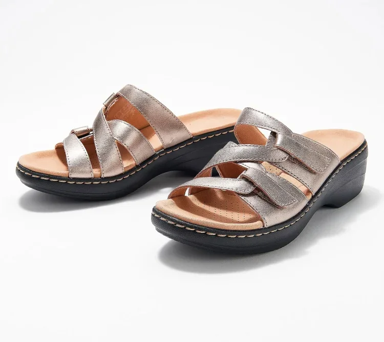 Women Leather Wedge Slide Sandals