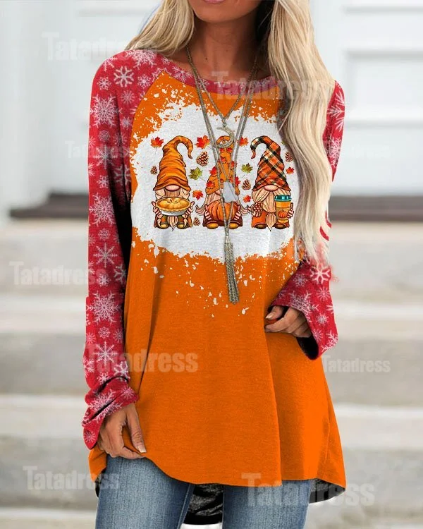 Women's Fall Gnomes Print  Loose Long Sleeve Top