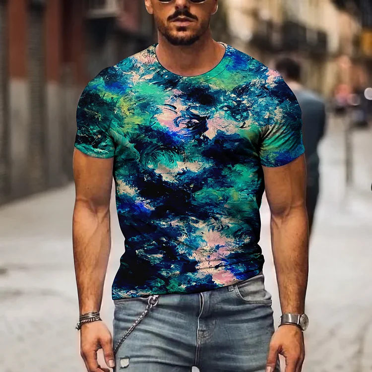 Watercolor Pigment Printing Summer Short Sleeve Colorful Men's T-Shirts at Hiphopee