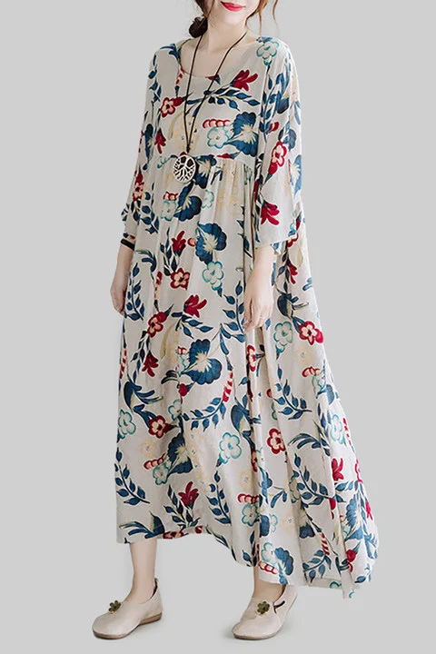 Flower Print Round Neck Long Sleeve Linen Maxi Dresses