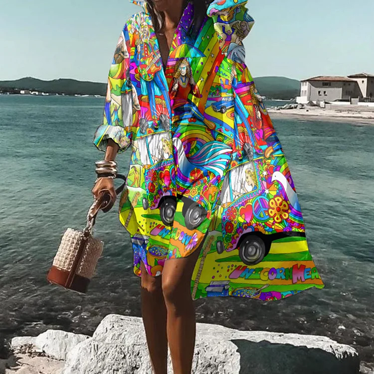 Vefave Hippie Art Print Casual Midi Dress