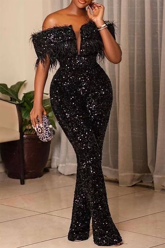 Ovlias Off Shoulder Sexy Sequin Rompers Women Jumpsuit Night Club Black Glitter Shiny Long Party Jumpsuits JP0030