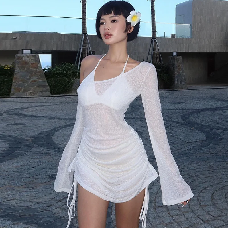 Uveng Uveng Spring And Summer New Sexy Fashion Wrinkle Hood Perspective Diagonal Collar Seaside Beach Dress