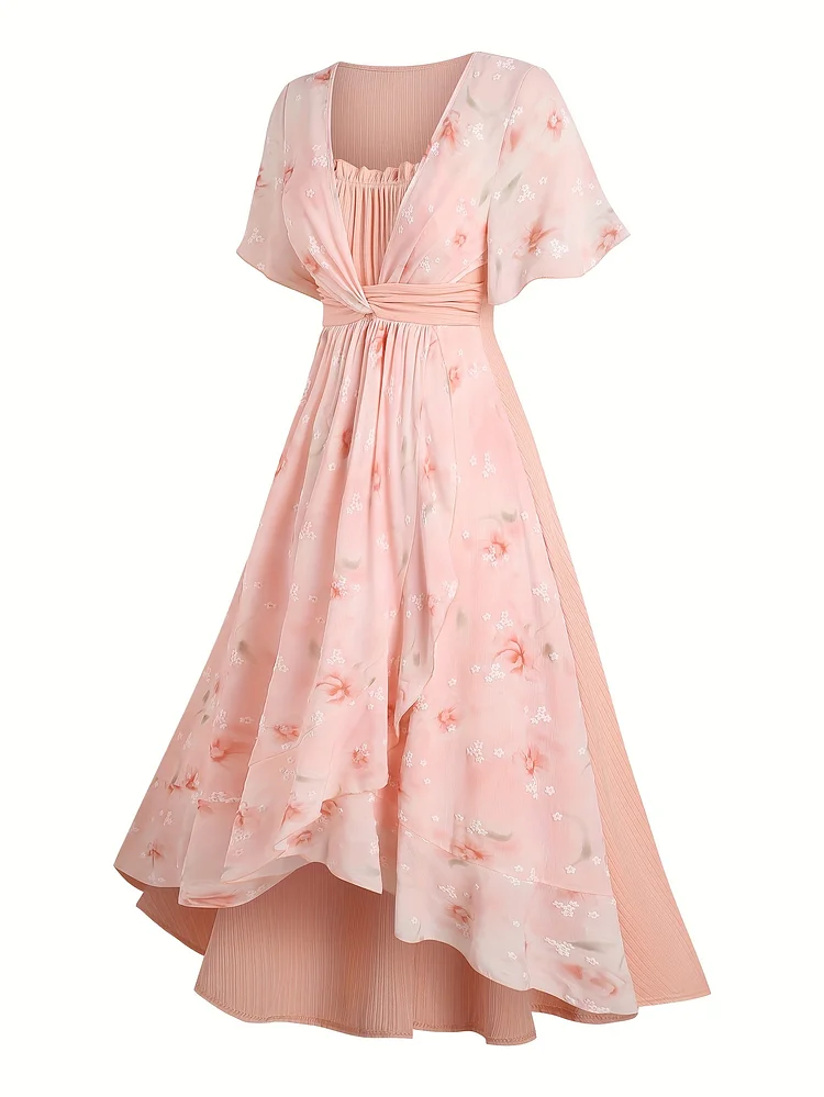 Elegant Plus Size Women's Floral Print Square Neck Ruffled Tiered Hem Dress | Summer A-Line Machine Washable Casual To Formal Wear, Pleated Texture, Nontransparent Fabric