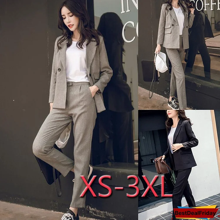 Women 2 Two Piece Sets Short Gray Solid Blazer + High Waist Pant Office Lady Notched Jacket Pant Suits Korean Outfits