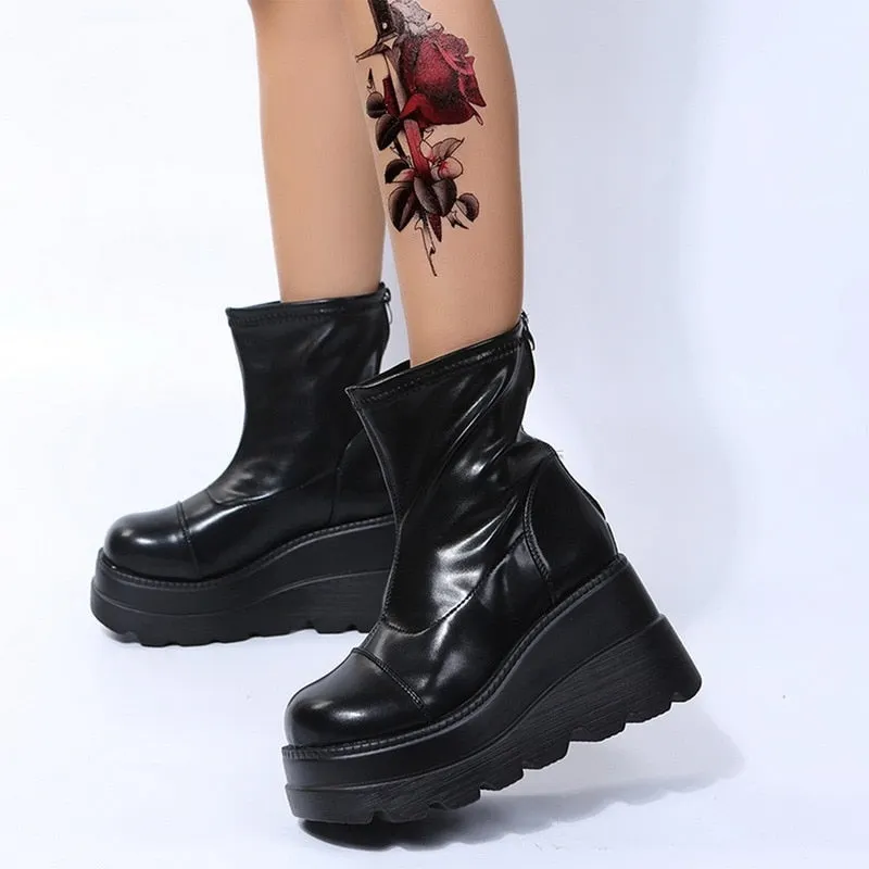 PU Leather zipper Black Mid Calf Women's Boots High Heel Platform Boots Women Wedge Motorcycle Boots Flat Shoes For Women 2021