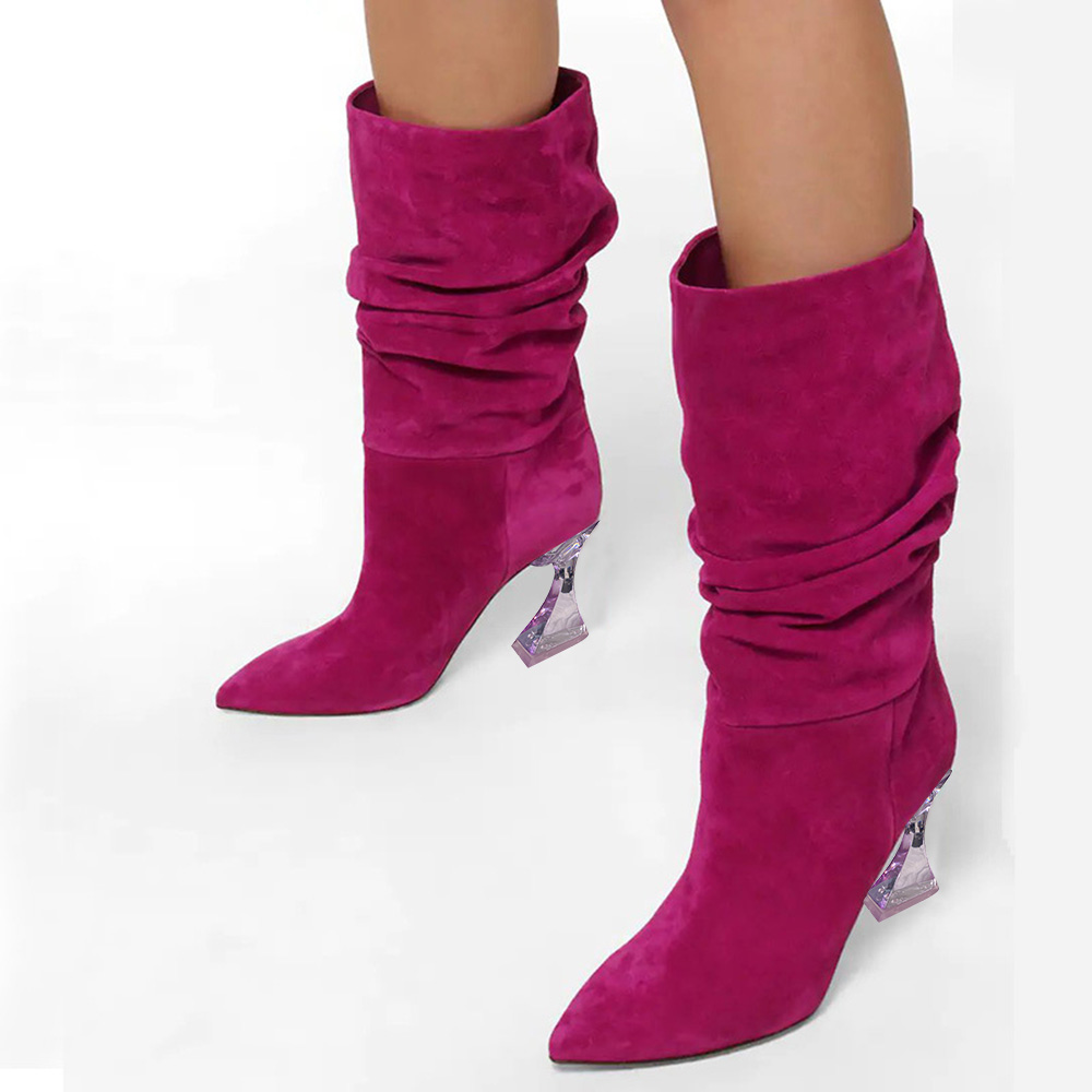 Chic Fuchsia Vegan Suede Pointed Toe Clear Flared Heel Slouch Boots Nicepairs