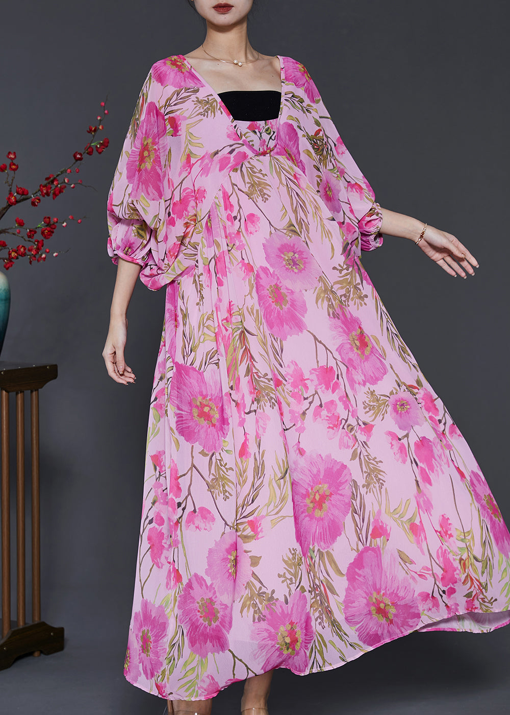 VCSHOES Pink Oversized Print Chiffon Beach Dress Summer
