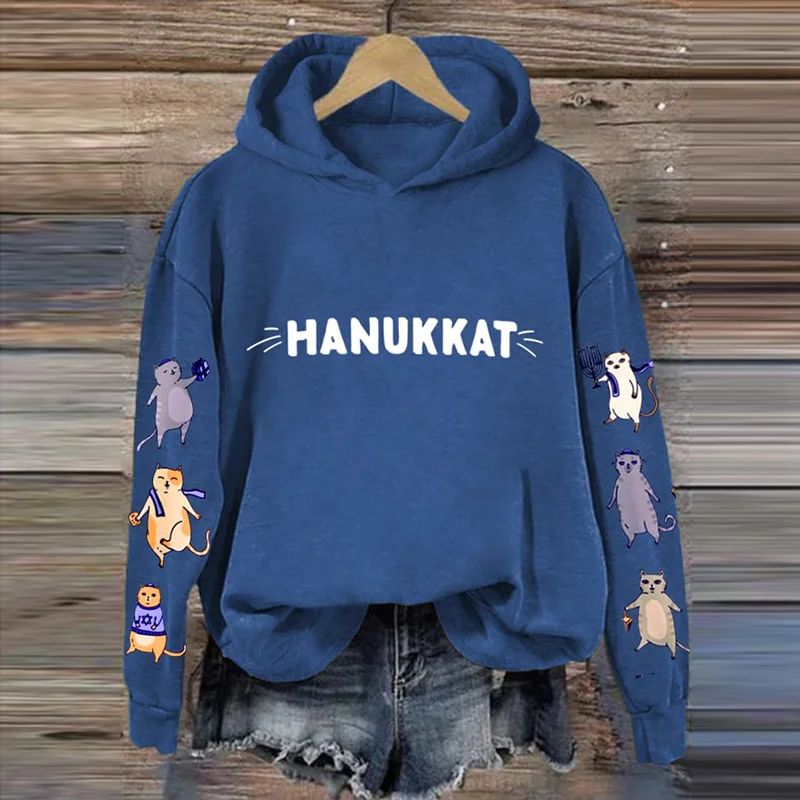 Women's Hanukkah Cat Print Casual Hoodie
