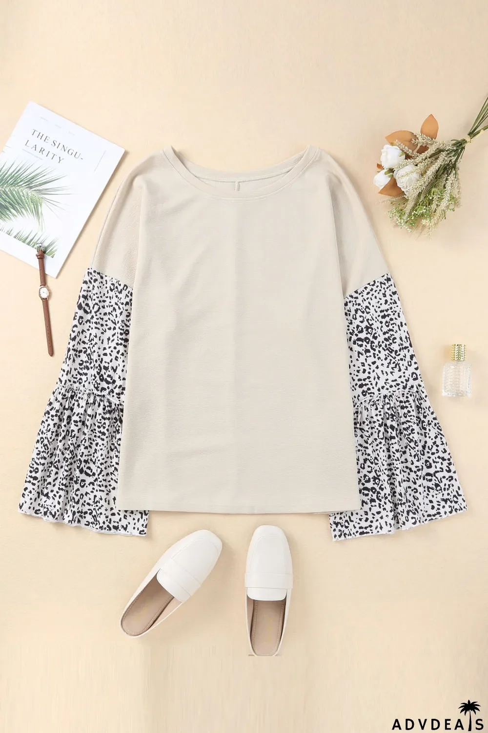 Beige Leopard Bell Sleeve Patchwork Plus Size Top