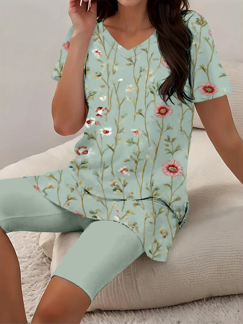 Women Long Sleeve V-neck Graphic Floral Printed Top