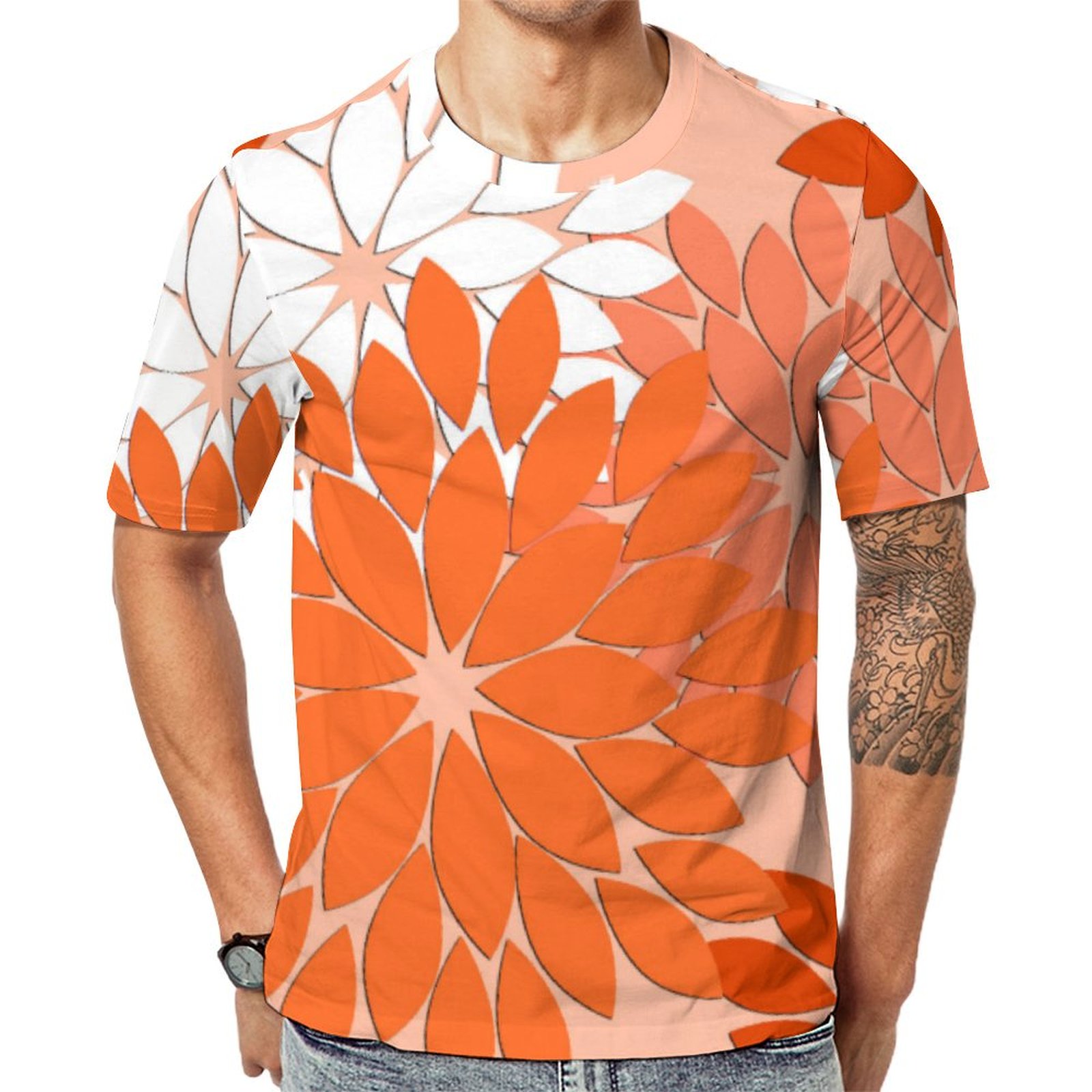 Modern Floral Kimono Orange On Peach Short Sleeve Print Unisex Tshirt Summer Casual Tees for Men and Women Coolcoshirts