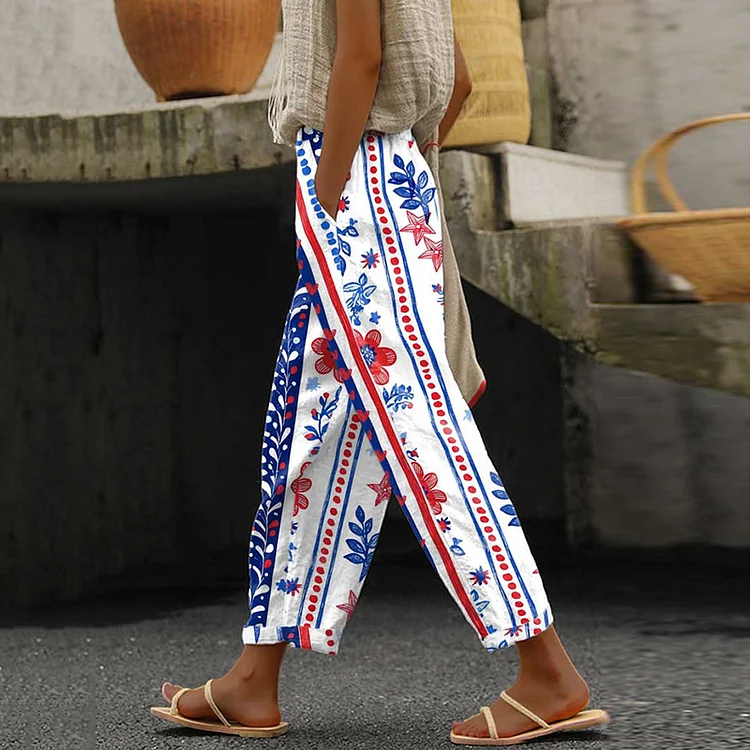 Women's Red White Blue Floral Stripes Print Casual Pants