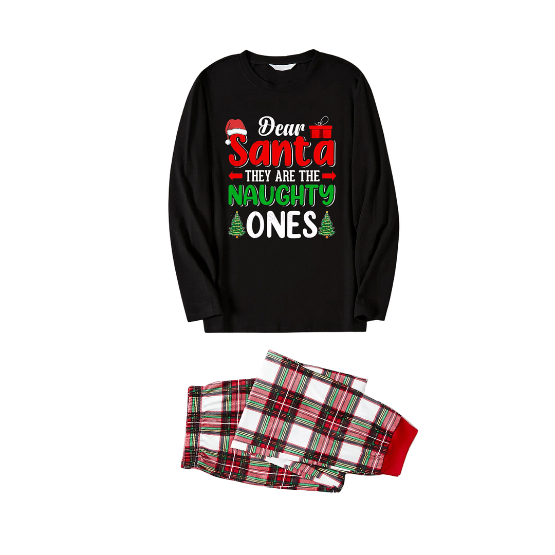 "Dear Santa They are The Naughty Ones" Slogan Printed Red & White & Green Plaid Family Matching Pajamas