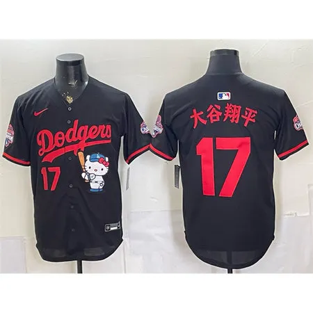 Men's Los Angeles Dodgers #17 Shohei Ohtani Black Hello Kitty Night 2025 World Series Champions Patch Stitched Baseball Jersey ENKJ