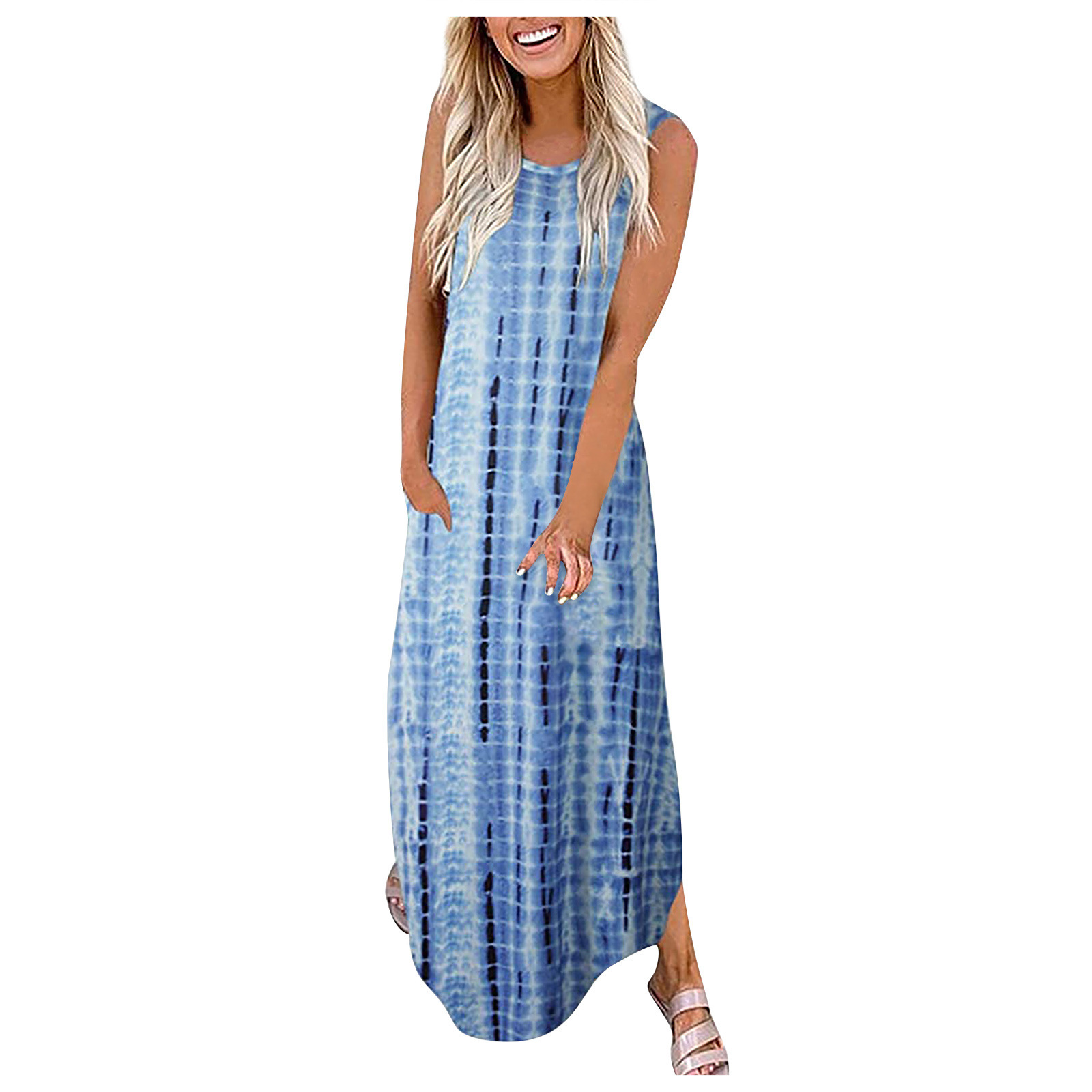 Mature Women Summer Printed Irregular Hem Sleeveless Sleeve Length Dress