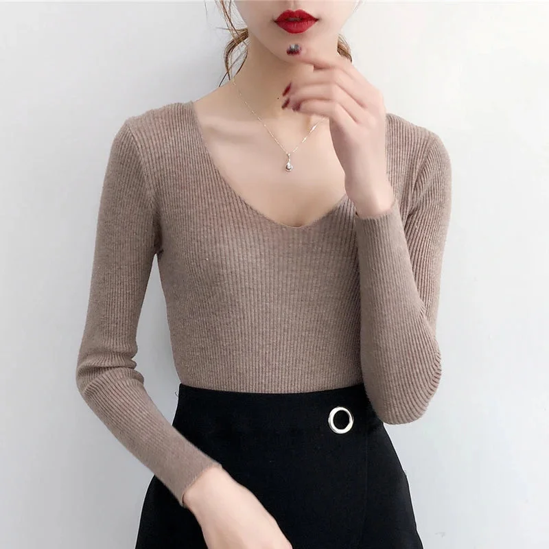 Oocharger Sexy V-neck Women Pullovers Sweater Autumn Winter Korean Style Knitted Jumper Fashion Casual Ladies Warm Basic Top