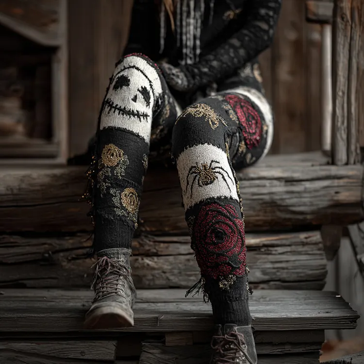 Women's Halloween Embroidered Skeleton Face And Spider Black And White Vintage Pants