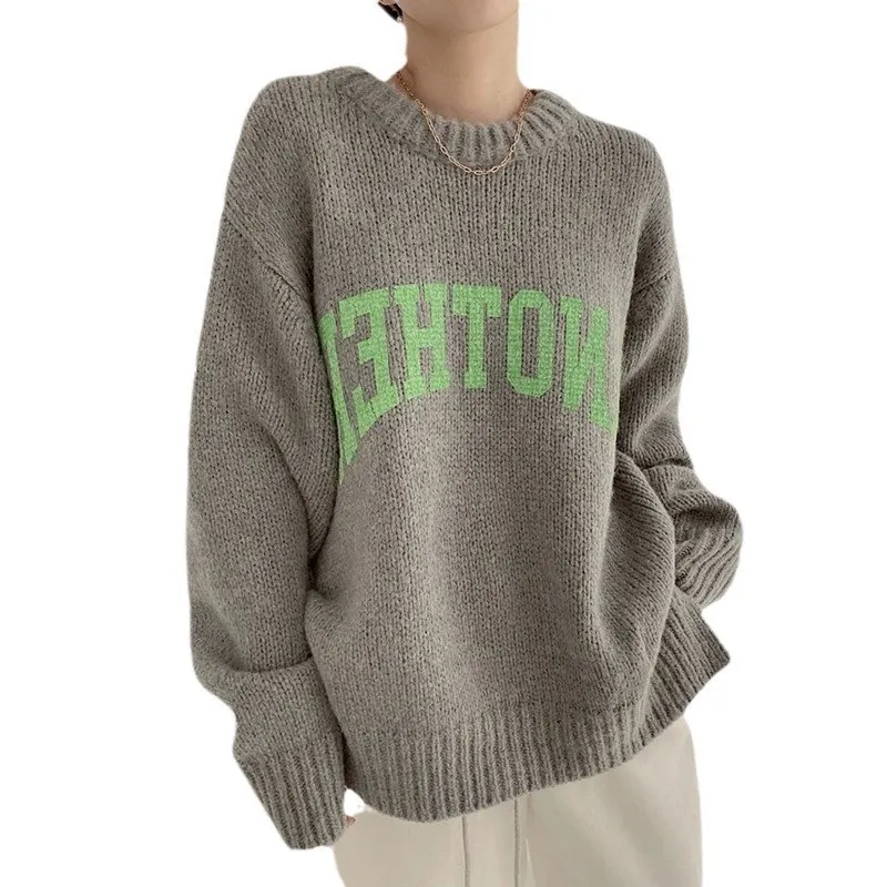 Nigikala Nigikala Dongdaemen Net Red Retro Letter Sweater Women Autumn And Winter Loose Lazy Wind Dopamine Round Knitted Shirt