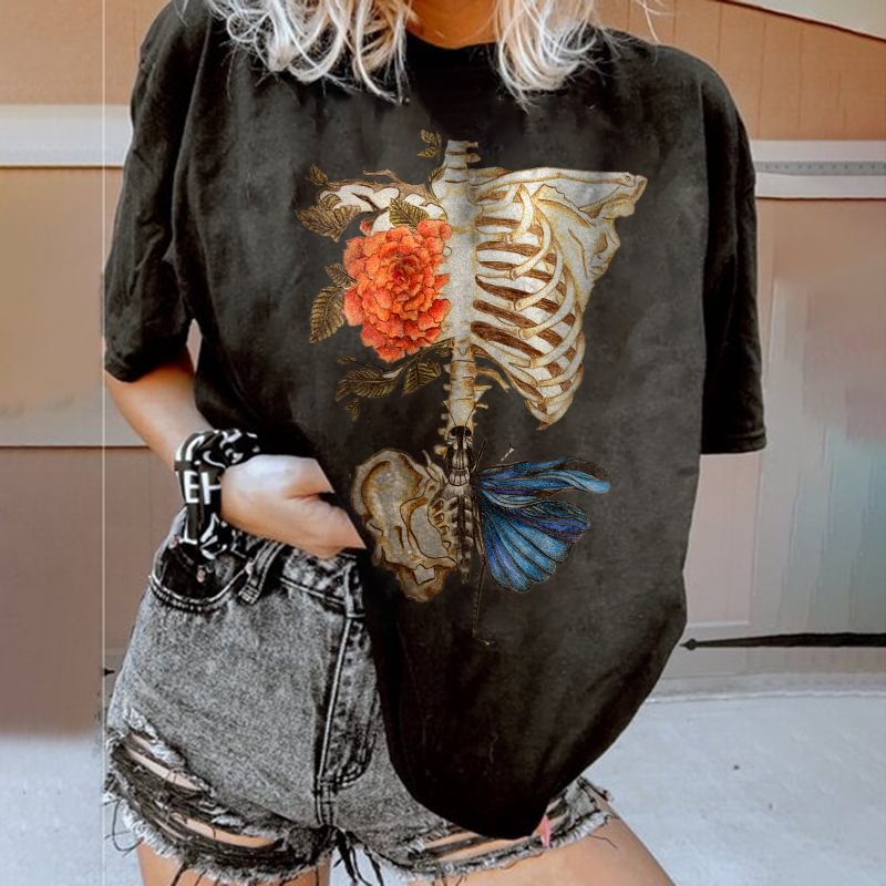 Skeleton flower butterfly print sports T-shirt designer
