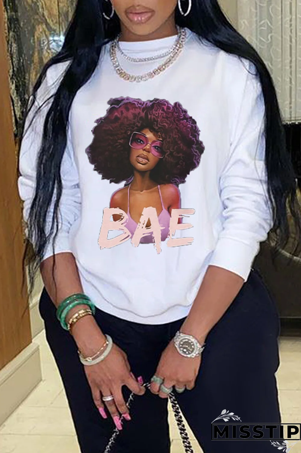 Black Vintage Print Letter O Neck Tops