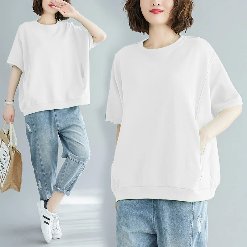 Uveng Uveng Size Add Fat Women's Clothing 200 Jin 2024 Summer Loose Large Size Cover Meat Show Thin Jacket Pure Color Round Collar Short Sleeve T-Shirt