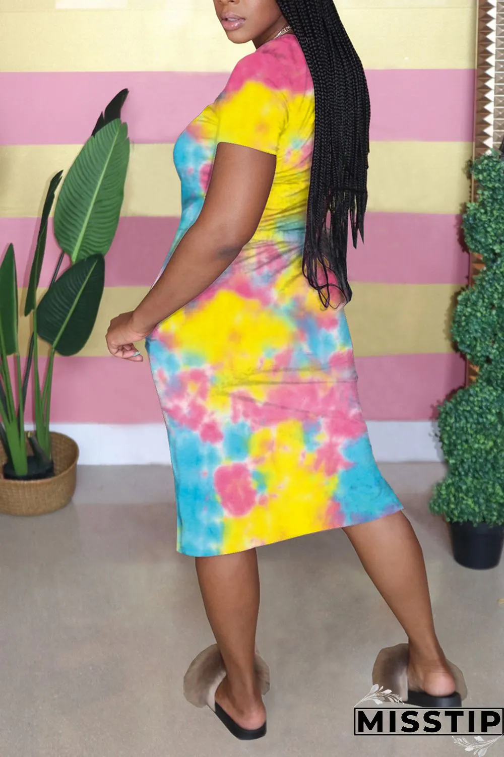 Pink Fashion Casual Printed Short-sleeved Dress