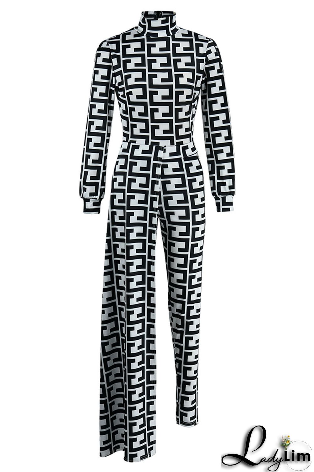 Black And White Casual Print Asymmetrical Half A Turtleneck Long Sleeve Two Pieces