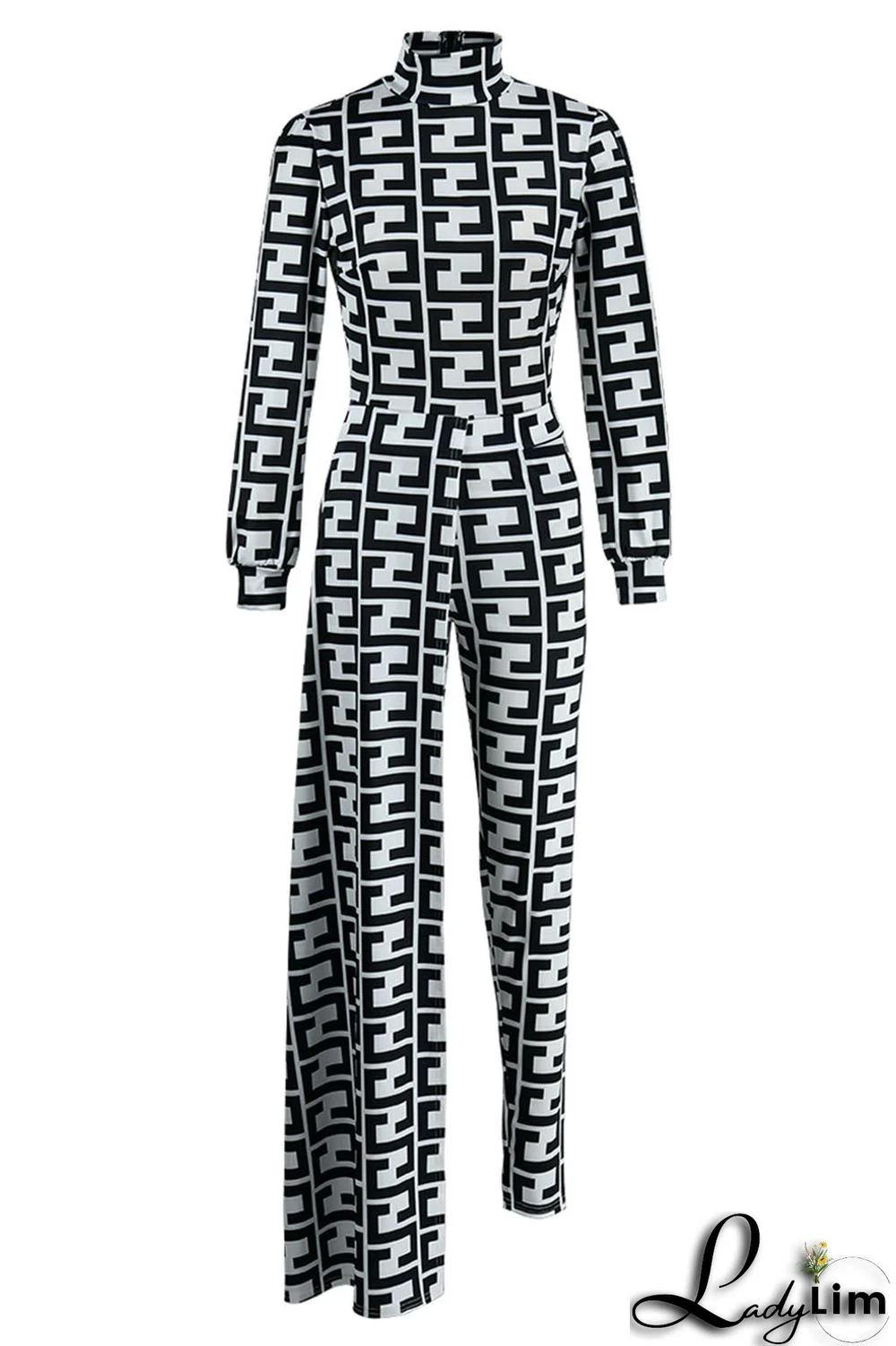 Black And White Casual Print Asymmetrical Half A Turtleneck Long Sleeve Two Pieces