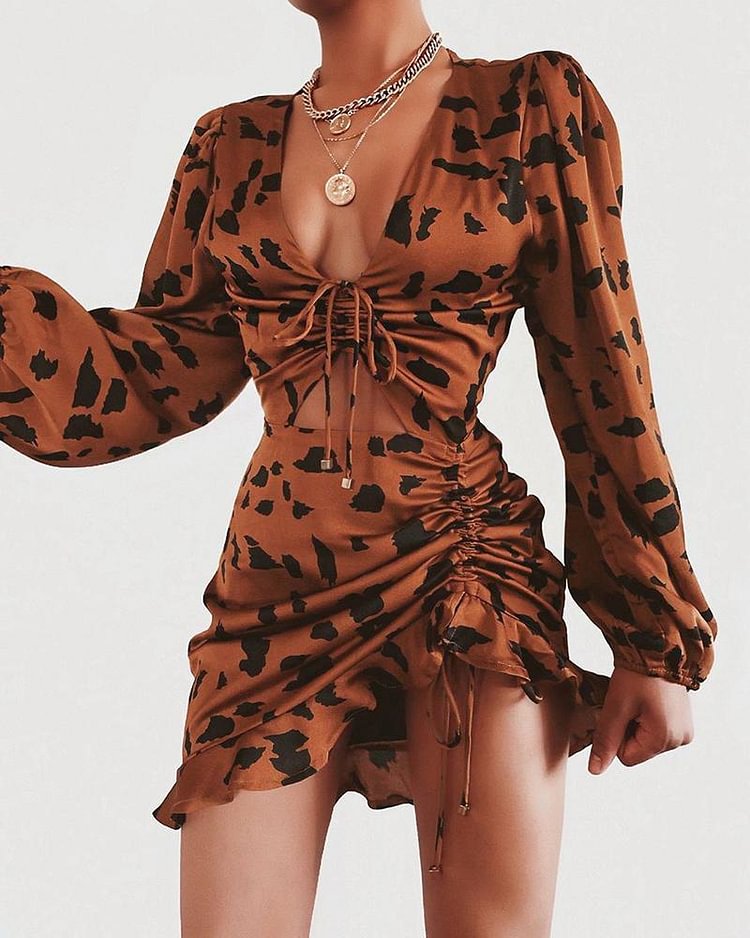 Leopard Drawstring Design Ruffles Dress