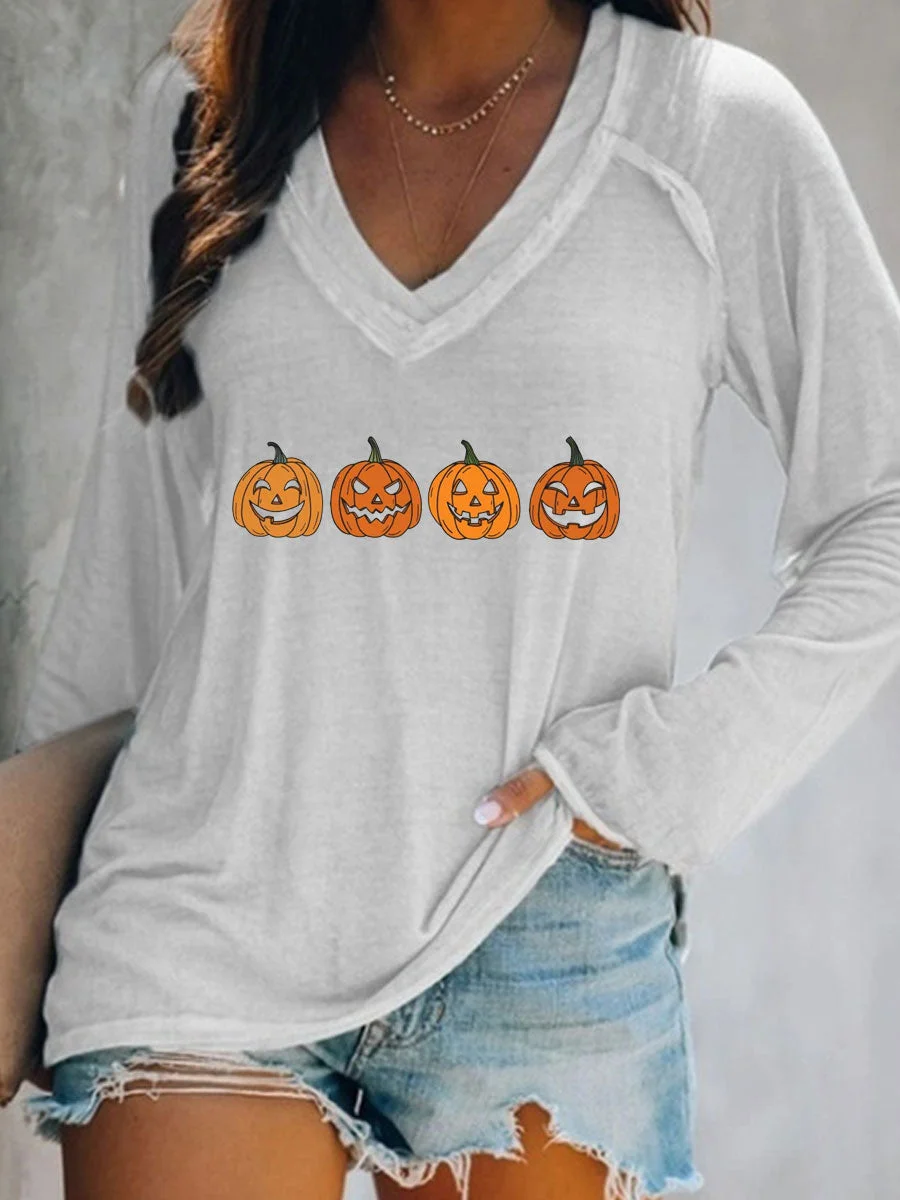Pumpkin Print Long Sleeve V-neck T-shirt